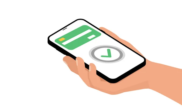 Mão segurando smartphone com sistema de pagamento on-line em um design plano —  Vetores de Stock