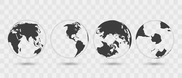 Ensemble de globes transparents de la Terre. Carte du monde réaliste en forme de globe avec texture transparente et ombre. — Image vectorielle