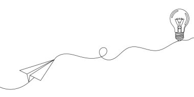 Sürekli çizilen bir çizimde ampulle bağlı kağıt uçak yükseliyor. Vektör illüstrasyonu