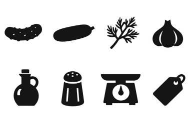 Yiyecek ve mutfak simgeleri: turşu, salatalık, dereotu, sarımsak, yağ, tuz, ağırlık, fiyat etiketi