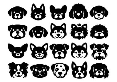 Çizgi film köpek kafaları hazır. Farklı köpek hayvan tasarımı, çocuk resimleri ve çıkartmaları için ikon koleksiyonu üretir..
