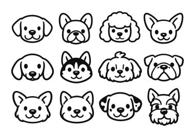 Çizgi film köpek kafaları hazır. Farklı köpek hayvan tasarımı, çocuk resimleri ve çıkartmaları için ikon koleksiyonu üretir..