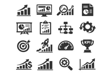 Veri analizi çizelgeleri, gösterge panelleri, arama, raporlar, iş akışı, optimizasyon ikonları ile ana hatları belirler. Vektör illüstrasyonu