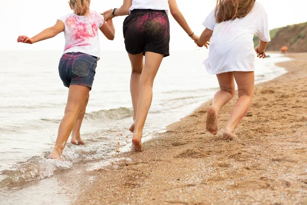 Children Run Beach Sea Beautiful Sunset Children Feet — стоковое фото