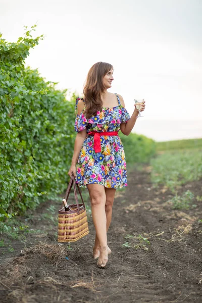 Menina Vinha Por Sol Vestido Floral Cesta Nas Mãos — Fotografia de Stock