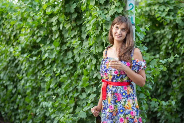 Menina Vinha Por Sol Vestido Floral Cesta Nas Mãos — Fotografia de Stock