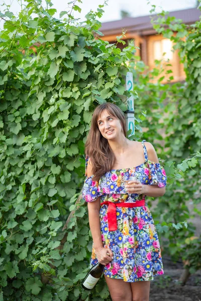 Girl Vineyard Sunset Floral Dress Basket Hands — Stockfoto