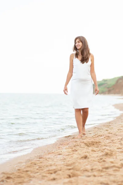 Girl White Dress Beach Sea Beautiful Sunset Smiling — стоковое фото