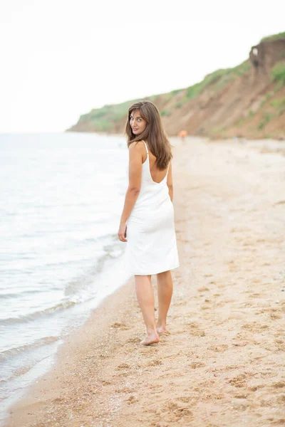 Girl White Dress Beach Sea Beautiful Sunset Smiling — ストック写真