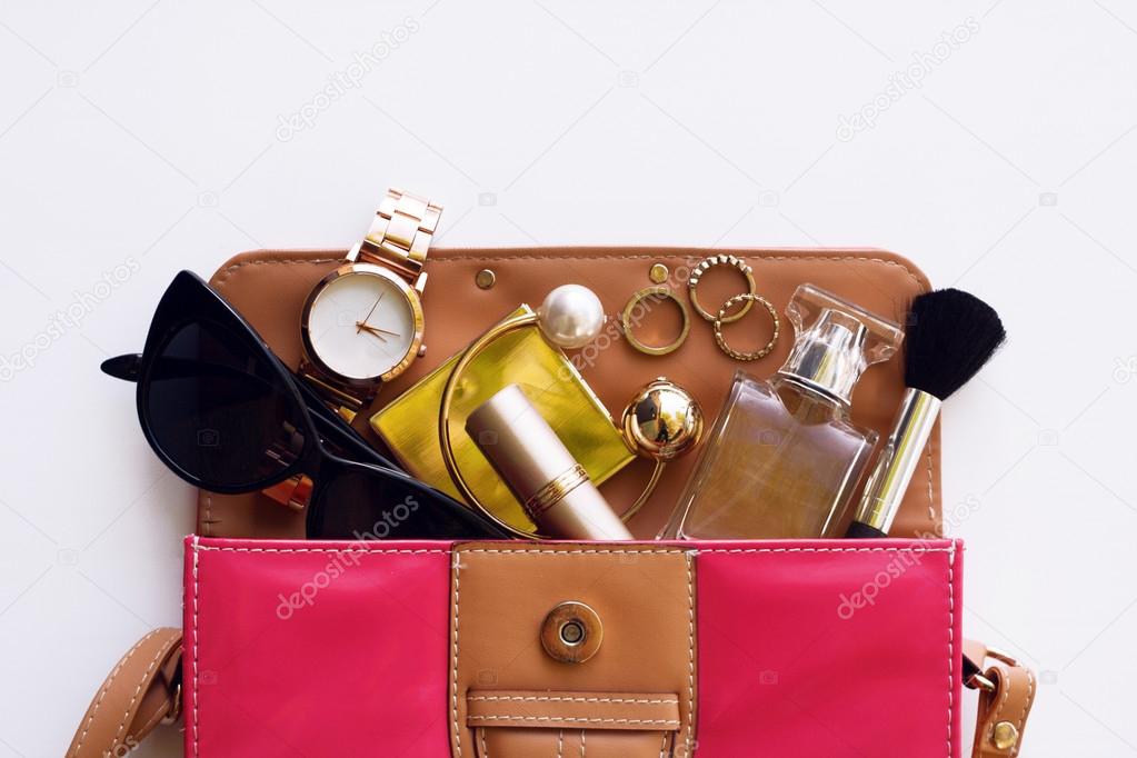 Fashionable female accessories. Overhead of essentials