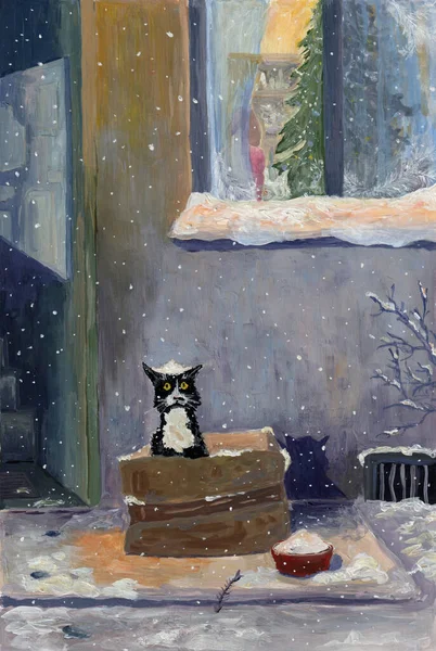 แมวท วโหยน งอย างนอกหน างในฤด หนาว ภาพวาด Gouache — ภาพถ่ายสต็อก
