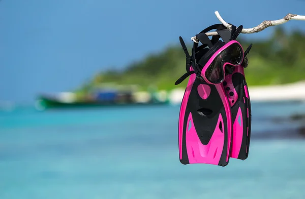 Máscara con tubo para snorkel y aletas en la playa —  Fotos de Stock