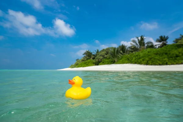 熱帯のビーチでの黄色いアヒル。概念旅行や休暇 — ストック写真
