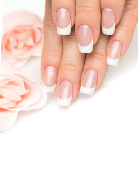 Fransız manikür ile kadın el yakın çekim