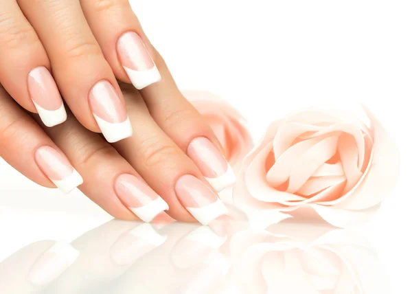 Woman hands with french manicure  close-up Stock Photo