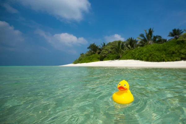 Gele eend op het tropische strand. Concept-reizen en vakantie — Stockfoto