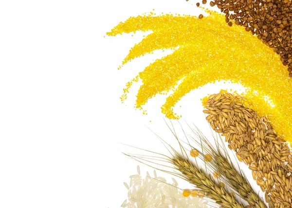 Cereais - milho, trigo, fagópiro, painço, centeio, arroz e ervilhas — Fotografia de Stock