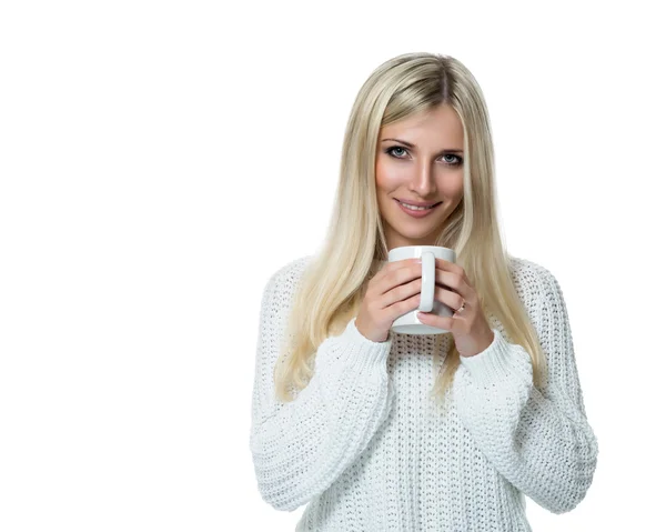 Schöne Frau mit weißer Tasse — Stockfoto