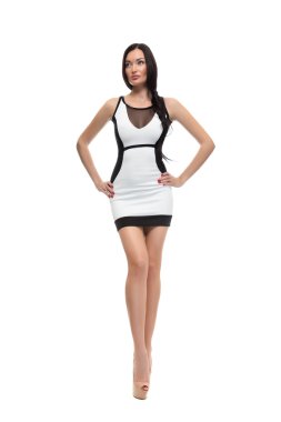 Abiye poz içinde seksi kadın çekici, üzerinde beyaz izole