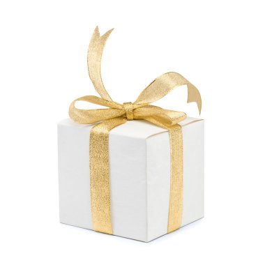 Gift box with golden ribbon bow on white background clipart