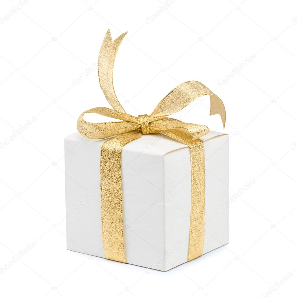 Gift box with golden ribbon bow on white background