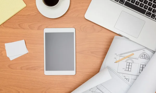 Office desk, Working on a Wooden Table with notebook and House p — стоковое фото