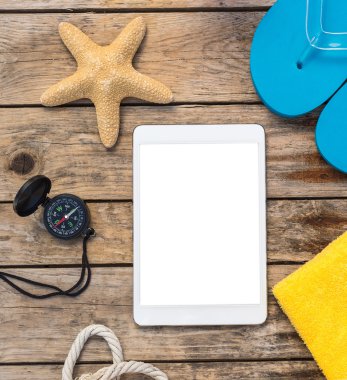 Deniz yıldızı, tadlet ve kabuk - deniz Aralık ahşap arka plan