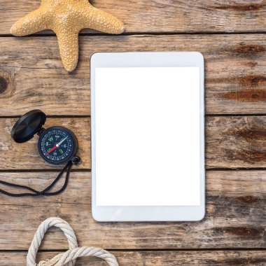 Deniz yıldızı, tadlet ve kabuk - deniz Aralık ahşap arka plan