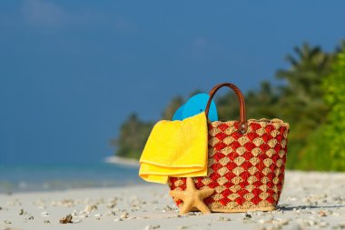 Yaz plaj çantası ile deniz hayvanı kabuğu, kumlu plajda havlu