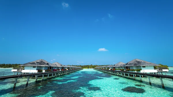 Hermosa playa con bungalows de agua en Maldivas —  Fotos de Stock