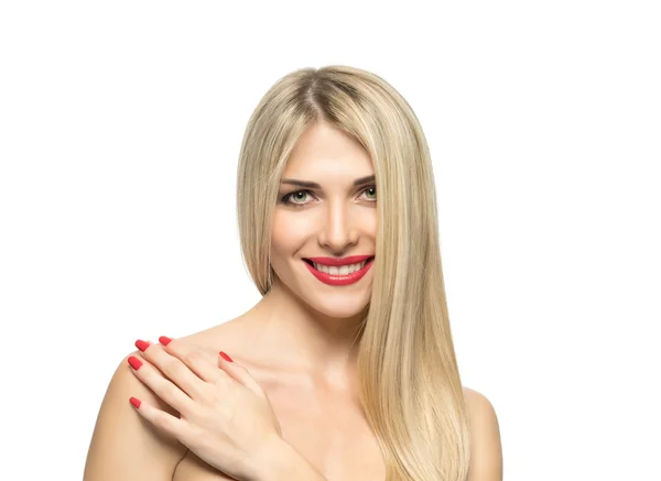 Mooie blonde vrouw portret close-up. Kapsel. Rode lippen. Ma — Stockfoto