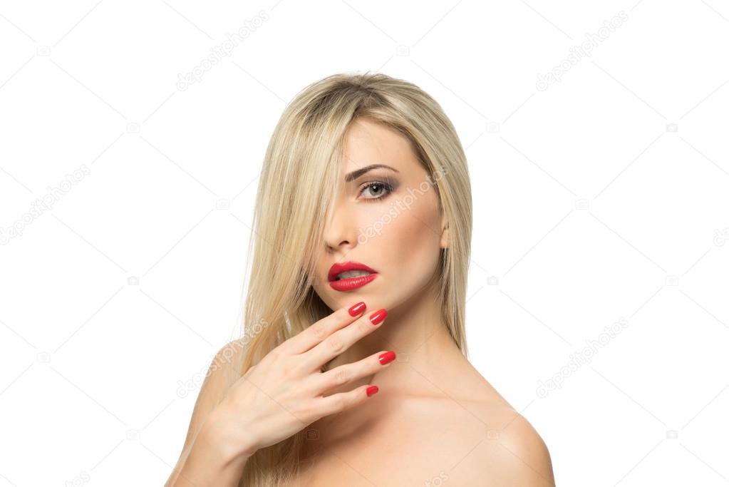 Beautiful Blond Woman Portrait close-up. Hairstyle. Red lips. Ma