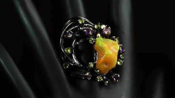 Silver Ring Natural Gemstones Black Hand — Stock Video