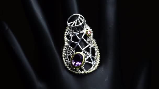 Silver Ring Natural Gemstones Black Hand — Stock Video