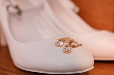 Gelin için düğün aksesuarları. Ayakkabılar, küpeler, jartiyer, parfüm