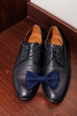 Mavi papyon kahverengi arka planda mavi klasik ayakkabılar