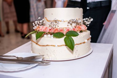 Çiçeklerle süslenmiş güzel düğün pastası, yakın plan ve bulanık arkaplan