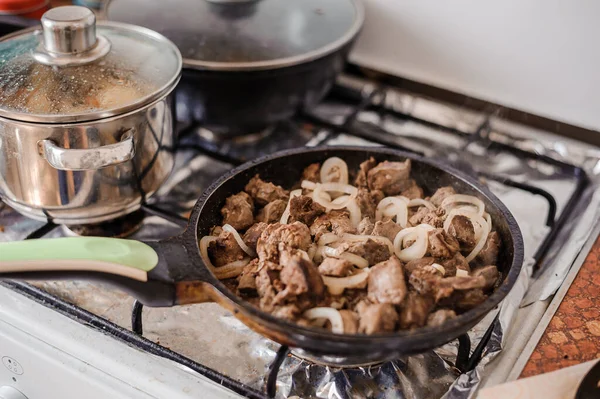 Fried Veal Liver Onions Pan Braised Cow Pork Liver — Stock Photo, Image