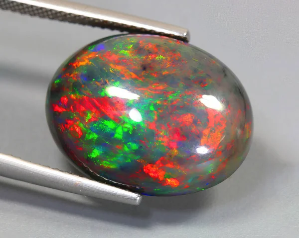 Natural gemstone black opal on gray background