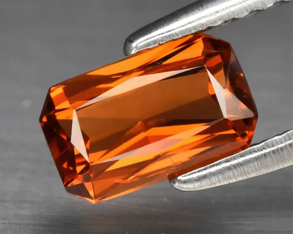 Natural Gemstone Orange Spessartine Garnet Gray Background Spessartite Garnet — Stok fotoğraf