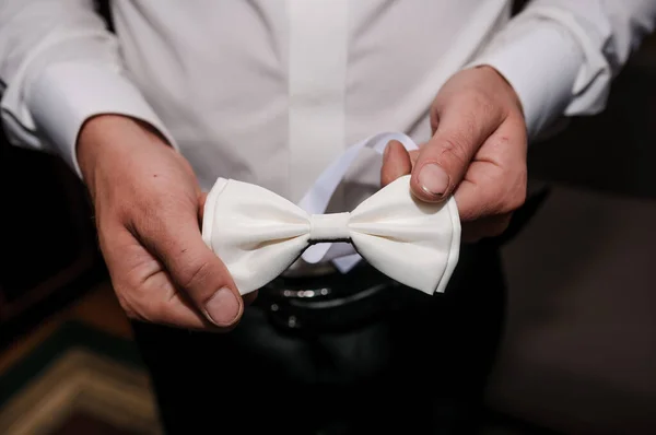 White bow tie in the hands of the groom. Bow tie in the hands of a man