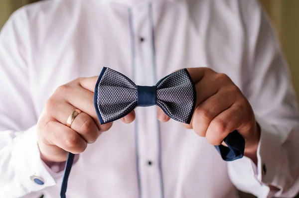 Noeud Papillon Bleu Dans Les Mains Marié Noeud Papillon Dans — Photo