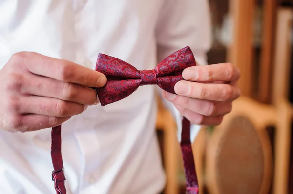 Red bow tie in the hands of the groom. Bow tie in the hands of a man