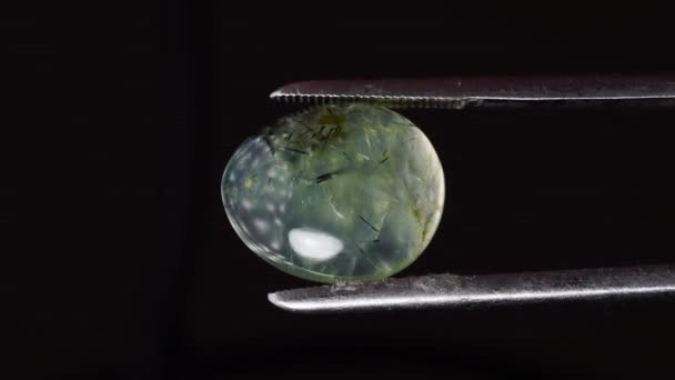 Pietra Preziosa Verde Naturale Prehnite Nella Pinzetta Sullo Sfondo — Video Stock