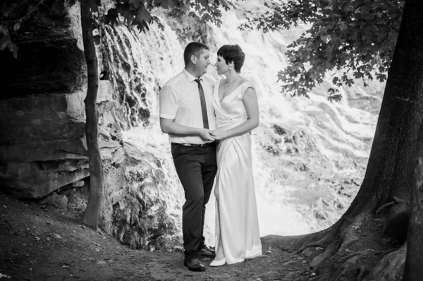 Recém Casados Fundo Uma Cachoeira — Fotografia de Stock