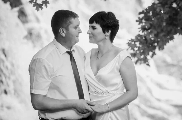 Recém Casados Fundo Uma Cachoeira — Fotografia de Stock