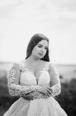 Beyaz gelinlikli bir kız güzel bir manzaranın arka planında duruyor.