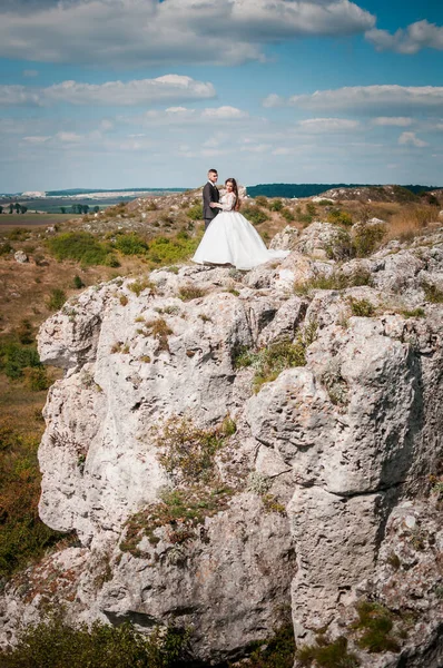 Recién Casados Abrazándose Fondo Las Rocas —  Fotos de Stock