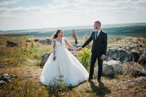 Pasgetrouwden Knuffelen Achtergrond Van Rotsen — Stockfoto