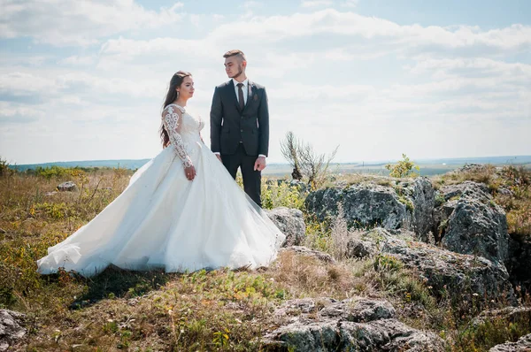 Recém Casados Abraçando Fundo Das Rochas — Fotografia de Stock